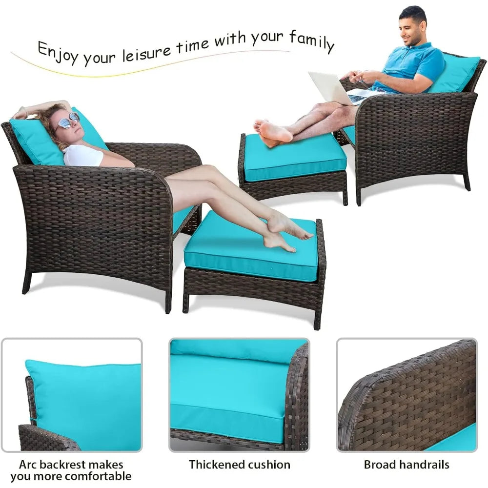 Balcony Furniture 5 Piece Patio Conversation Set PE Wicker Rattan Outdoor Lounge Chairs with Soft Cushions and 2 Ottomans