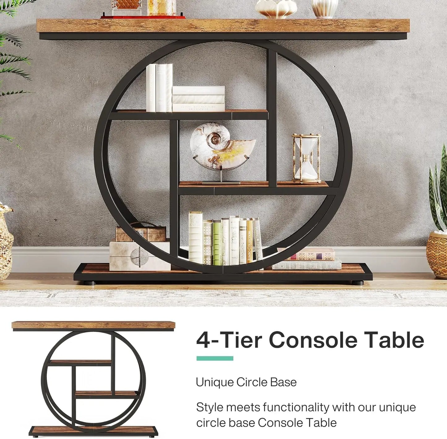 41.3 Inch Console Table 4 Tier Circle Base Rustic Brown