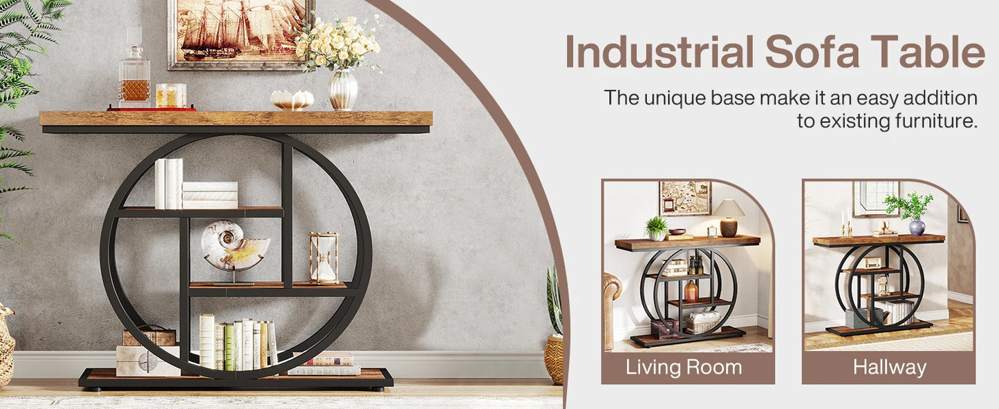 41.3 Inch Console Table 4 Tier Circle Base Rustic Brown