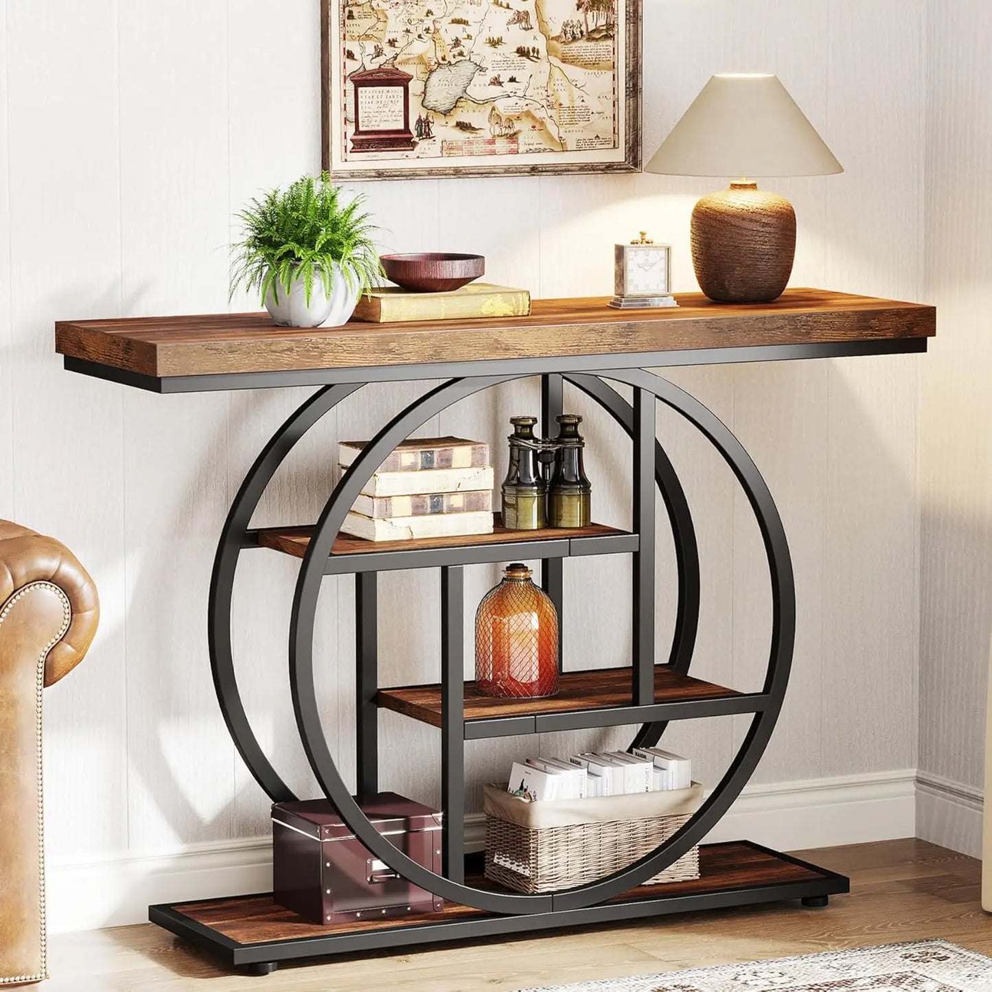 41.3 Inch Console Table 4 Tier Circle Base Rustic Brown