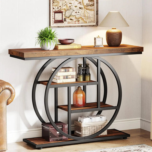41.3 Inch Console Table 4 Tier Circle Base Rustic Brown