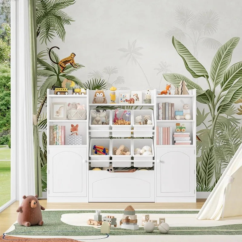 55” Toy Storage Organizer, 5-in-1 Kids Bookshelf with Movable Drawer and Book Shelves Behind The Doors, Toy Organizer