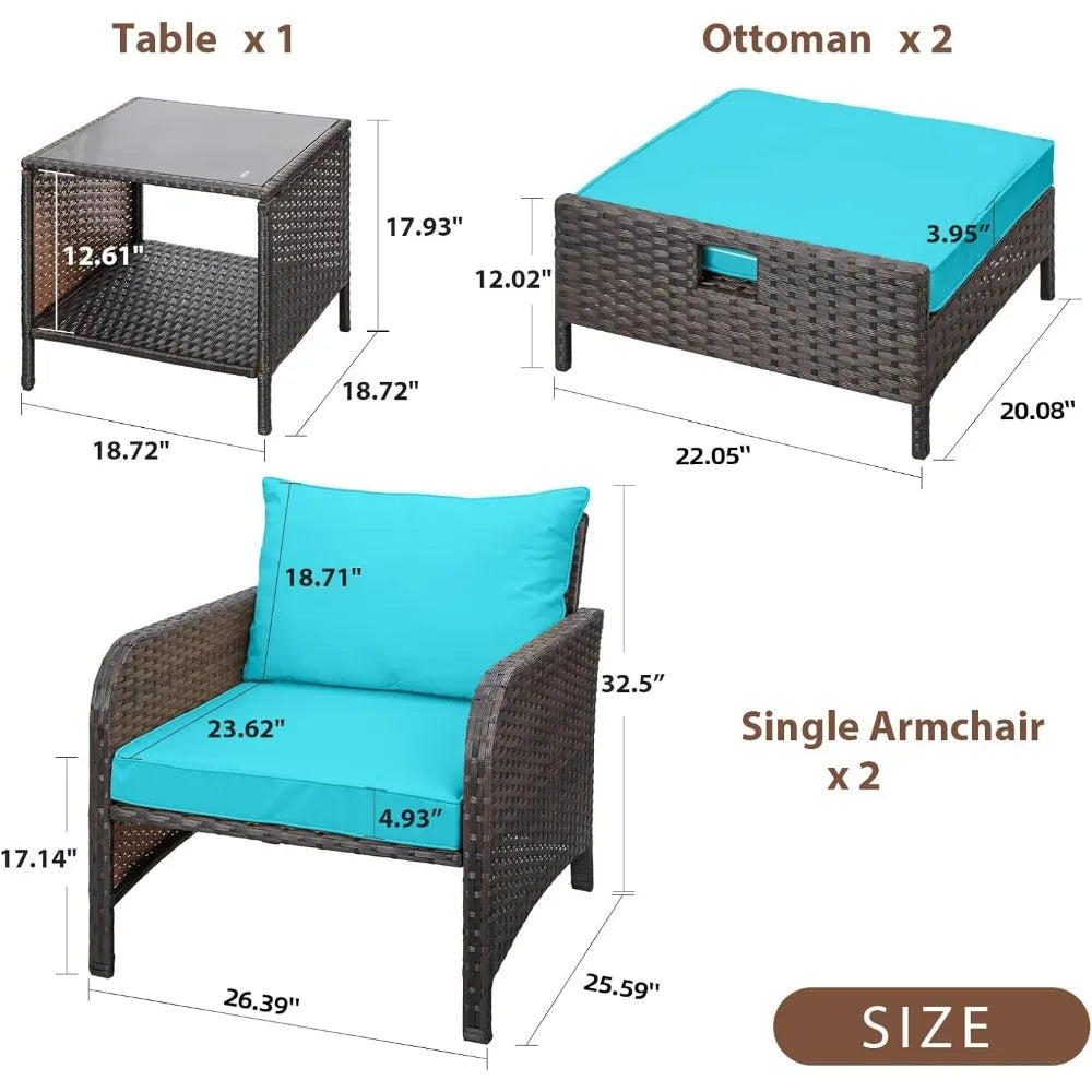 Balcony Furniture 5 Piece Patio Conversation Set PE Wicker Rattan Outdoor Lounge Chairs with Soft Cushions and 2 Ottomans