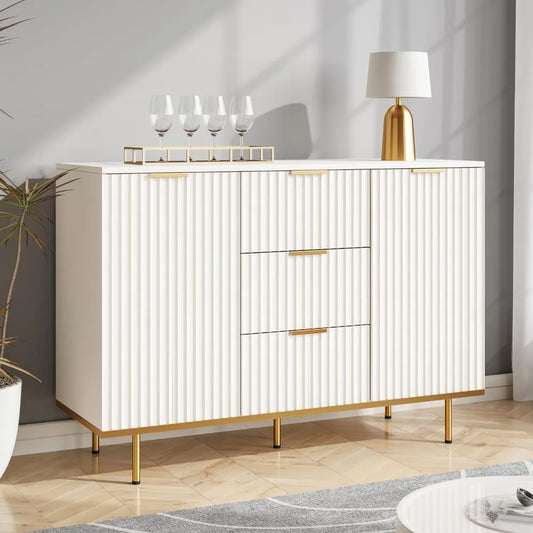 Fluted Sideboard Cabinet Elegant White Two Door 3 Drawers