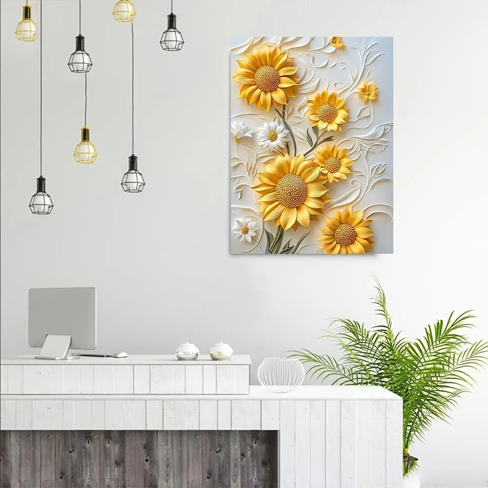3D Relief Sunflower Canvas Art With Wood Frame Living Room
