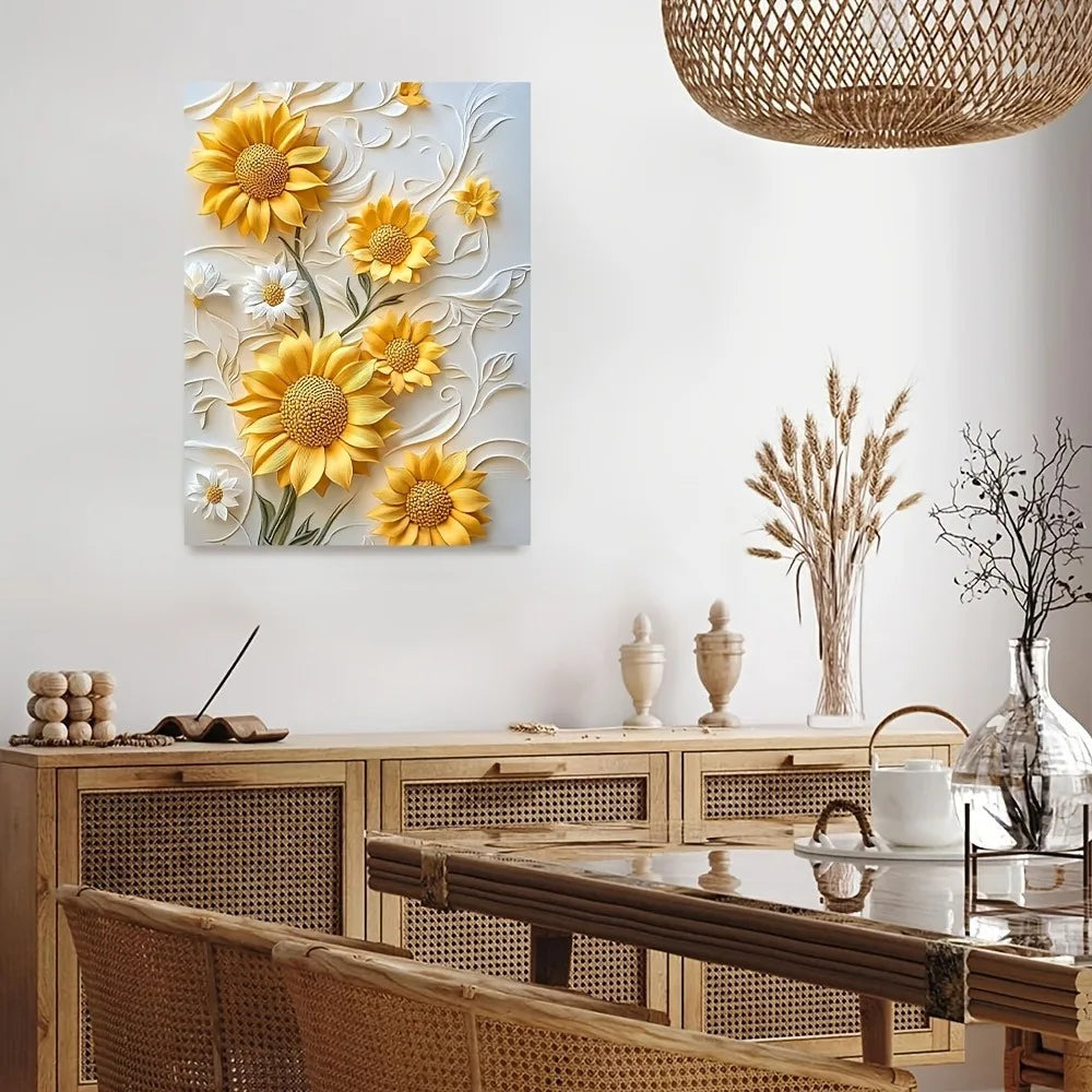 3D Relief Sunflower Canvas Art With Wood Frame Living Room