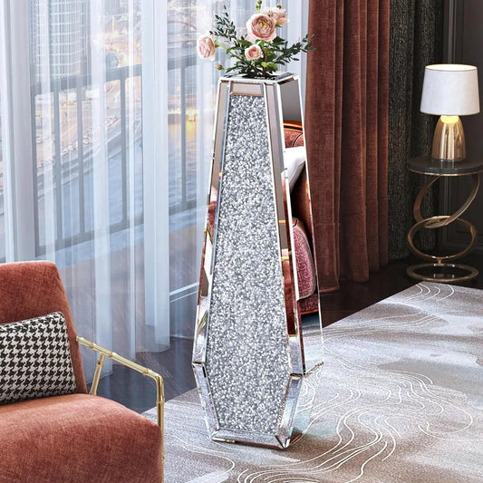 27 Inch Tall Floor Crystal Vase Crushed Diamond Silver Vase for Living Room Decor Large Glass Vases