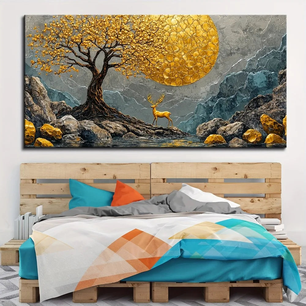Pine Solid Wood Frame Abstract Yellow Tree Deer Painting