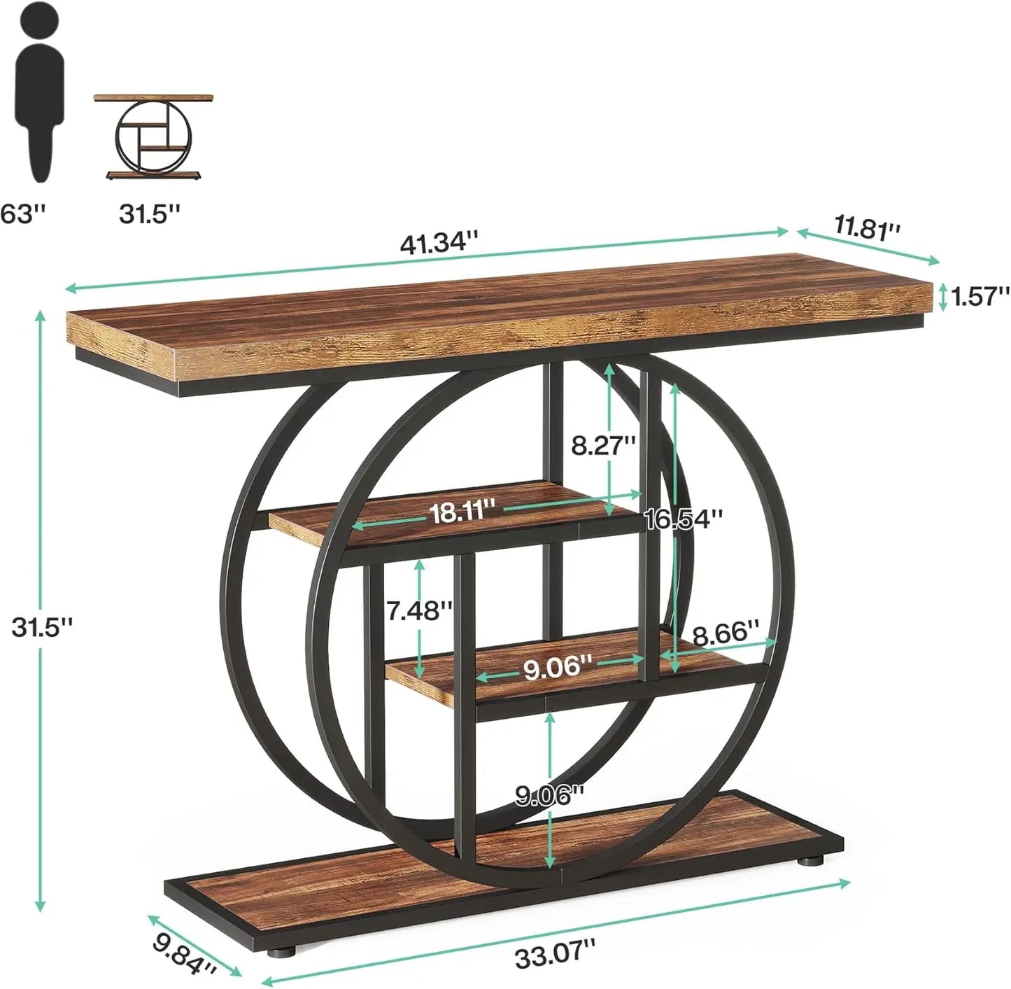 41.3 Inch Console Table 4 Tier Circle Base Rustic Brown