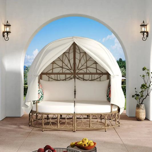 Wicker Patio Daybed with Curtain and Colorful Pillows