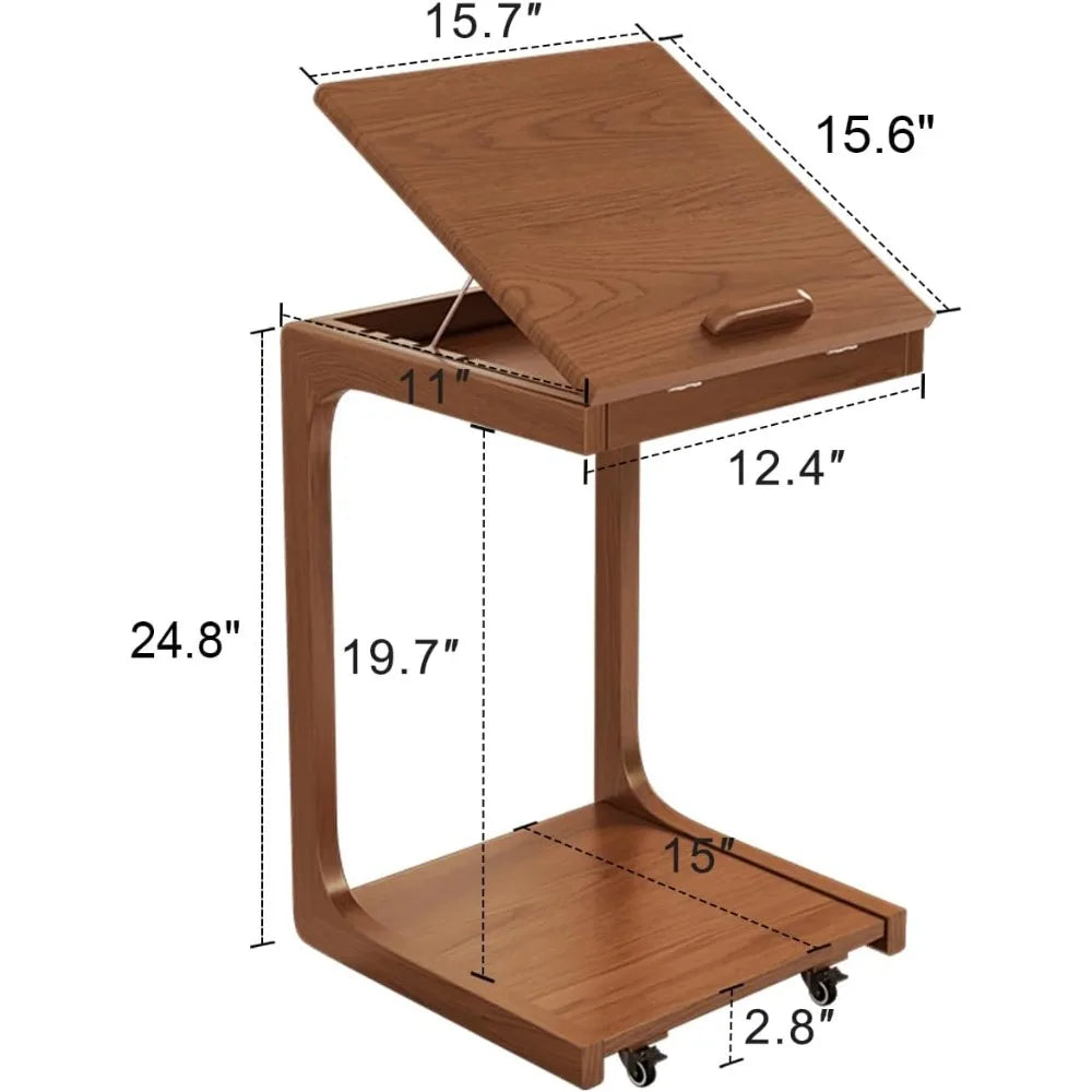 C Shaped Couch Side Table With 2 Lockable Wheels Design