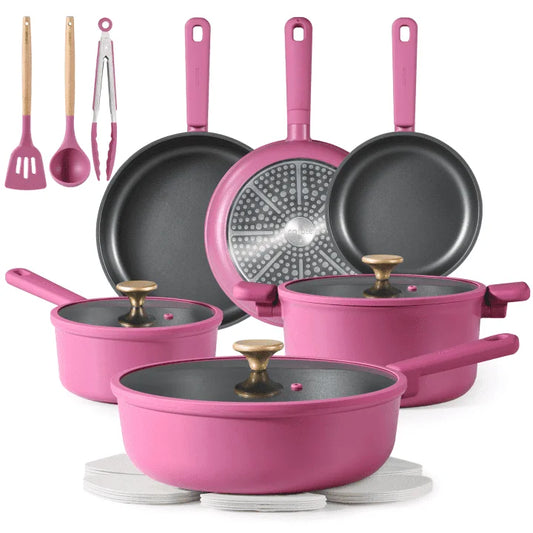 Kitchen Cookware Sets, Nonstick Pots and Pans Set, 17 Pcs, Rose Pink