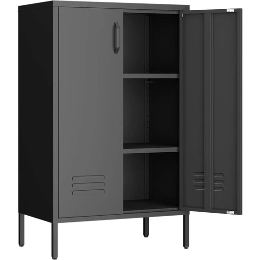 Metal Storage Cabinet Two Door Locker With Shelves Black