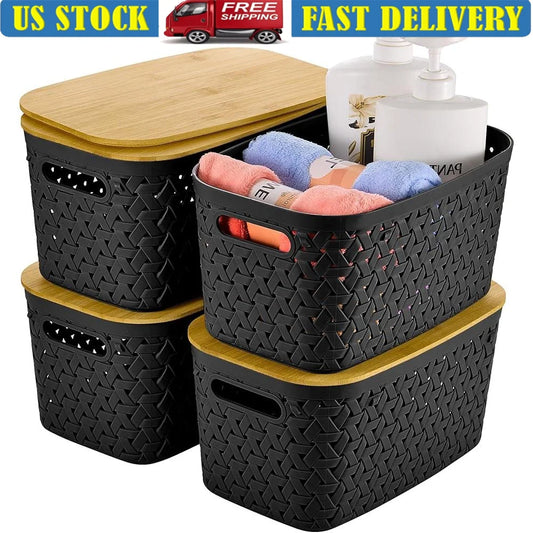Stackable Plastic Storage Bins with Bamboo Lids Set of 4 Multifunctional Storage Containers Home Organization Kitchen Office Use