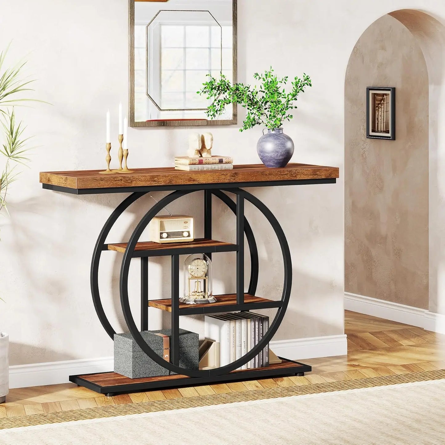 41.3 Inch Console Table 4 Tier Circle Base Rustic Brown