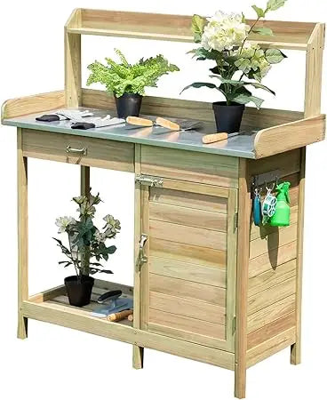Potting Bench Table Outdoor Natural Fir Wood Garden Storage