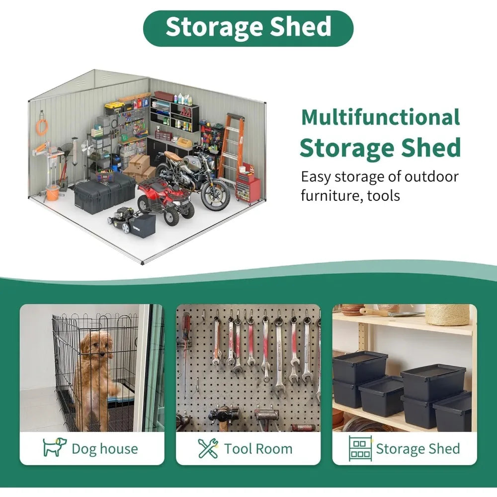 12x14 FT Outdoor Storage Shed, Garden Shed with Updated Frame Structure and Lockable Doors, Metal Tool Sheds , White