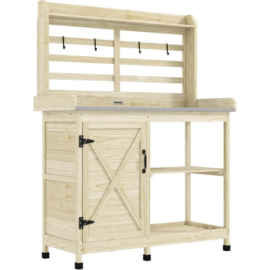 Outdoor Wooden Potting Bench Garden Workstation With Cabinet