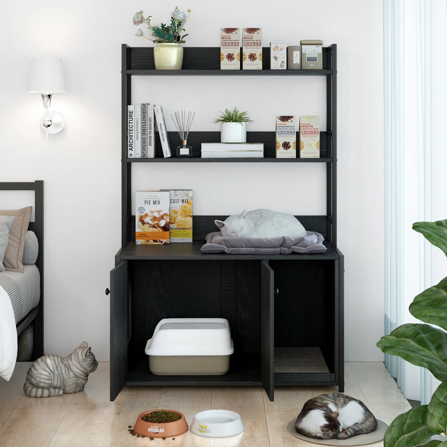 Wooden Hidden Cat Litter Box Enclosure With Shelves Doors