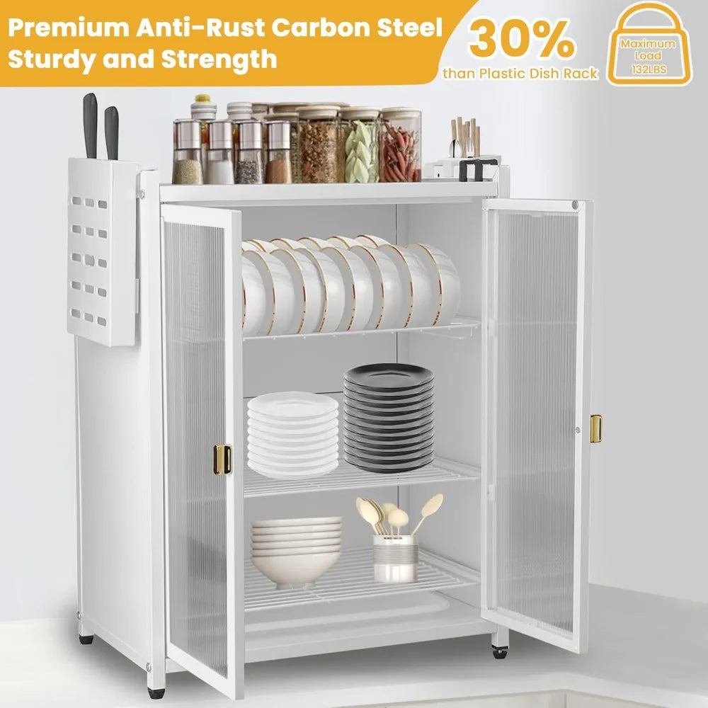 Dish Drying Rack 3-Tier for Kitchen Space-Saving Cover Large Storage Shelf Organizer with Drain Tray
