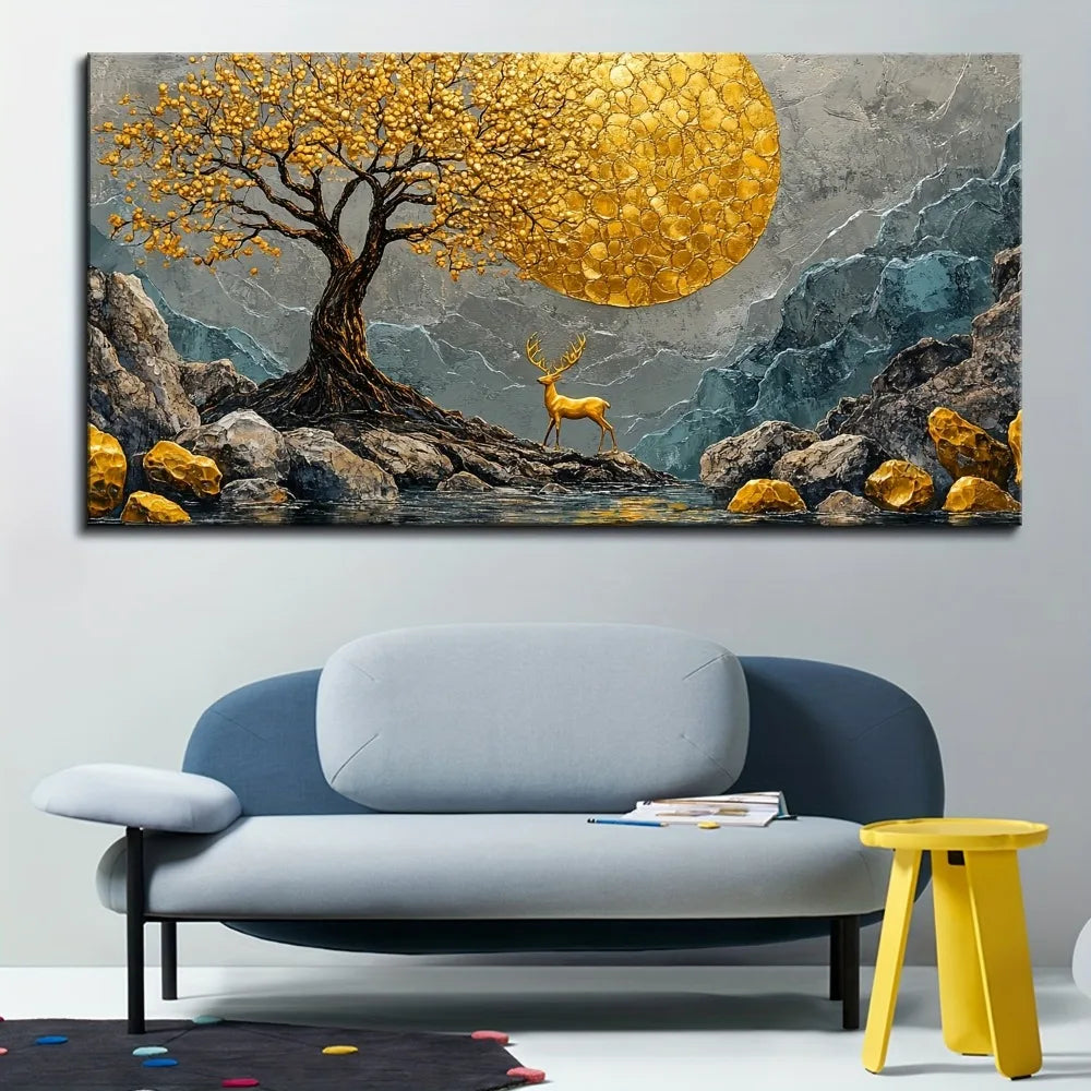 Pine Solid Wood Frame Abstract Yellow Tree Deer Painting