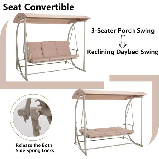Modern 3 Person Porch Swing With Stand And Canopy For All Weather Outdoor Patio