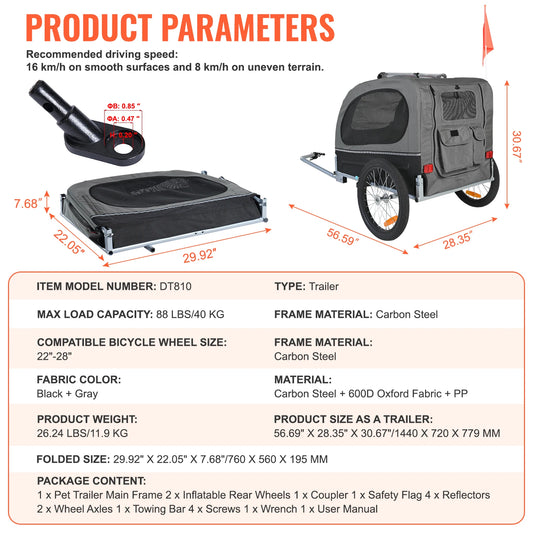 Dog Bike Trailer 88 Lbs Carrier Pet Cart Collapsible Storage