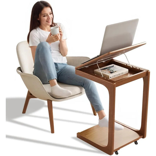 C Shaped Couch Side Table With 2 Lockable Wheels Design