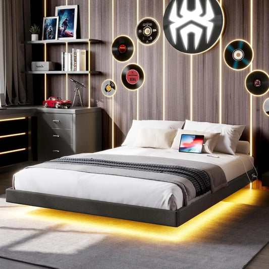 Floating Full Bed Frame w/RGB LED Lights and Type-C USB Ports Dark Grey