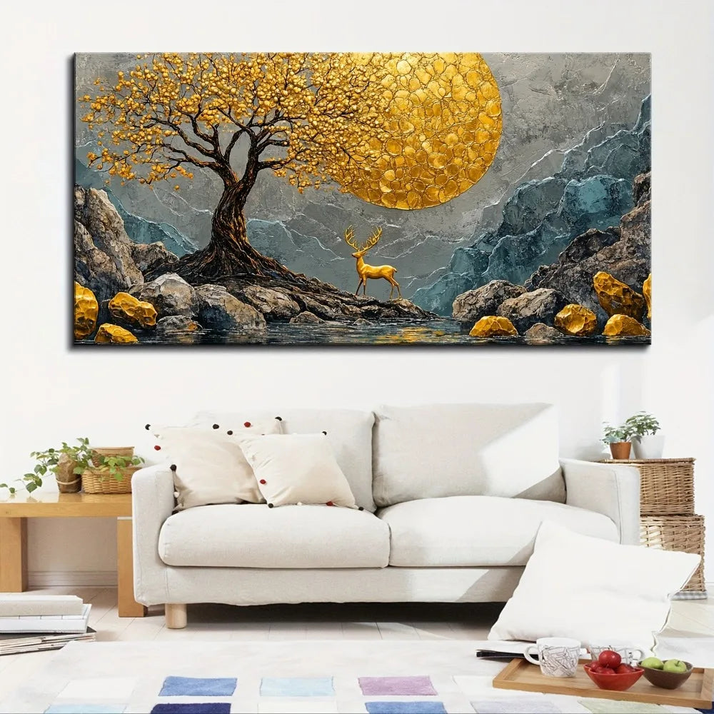 Pine Solid Wood Frame Abstract Yellow Tree Deer Painting