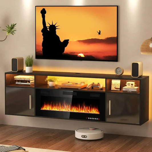 70" Floating TV Stand with 36" Electric Fireplace and LED Lights