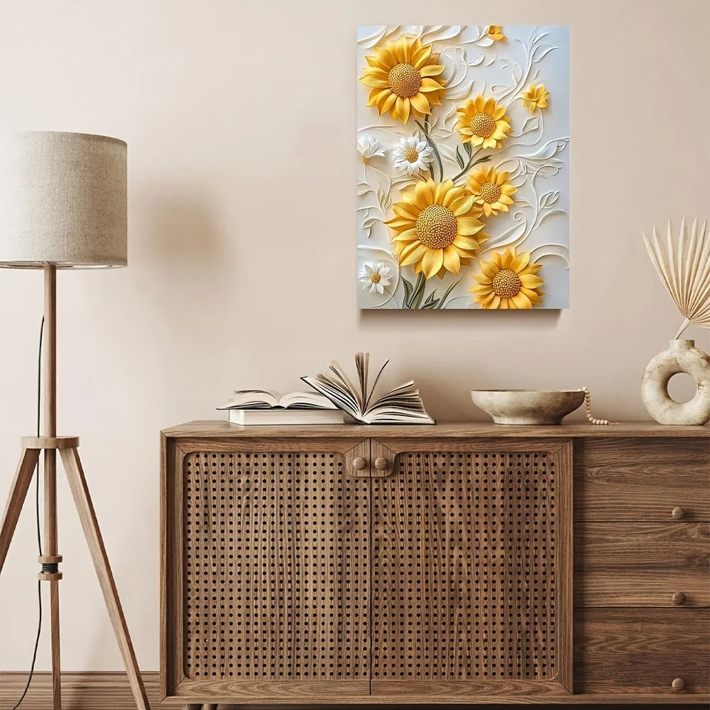 3D Relief Sunflower Canvas Art With Wood Frame Living Room