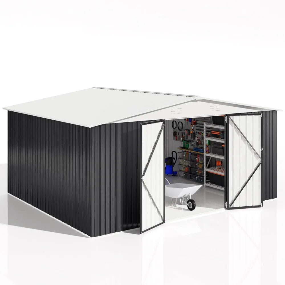 12x14 FT Outdoor Storage Shed, Garden Shed with Updated Frame Structure and Lockable Doors, Metal Tool Sheds , White