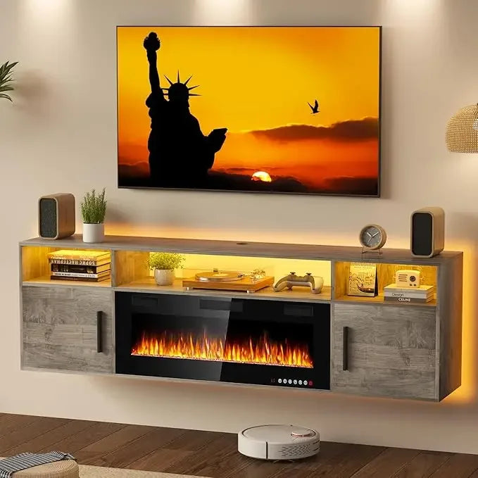 70" Floating TV Stand with 36" Electric Fireplace and LED Lights