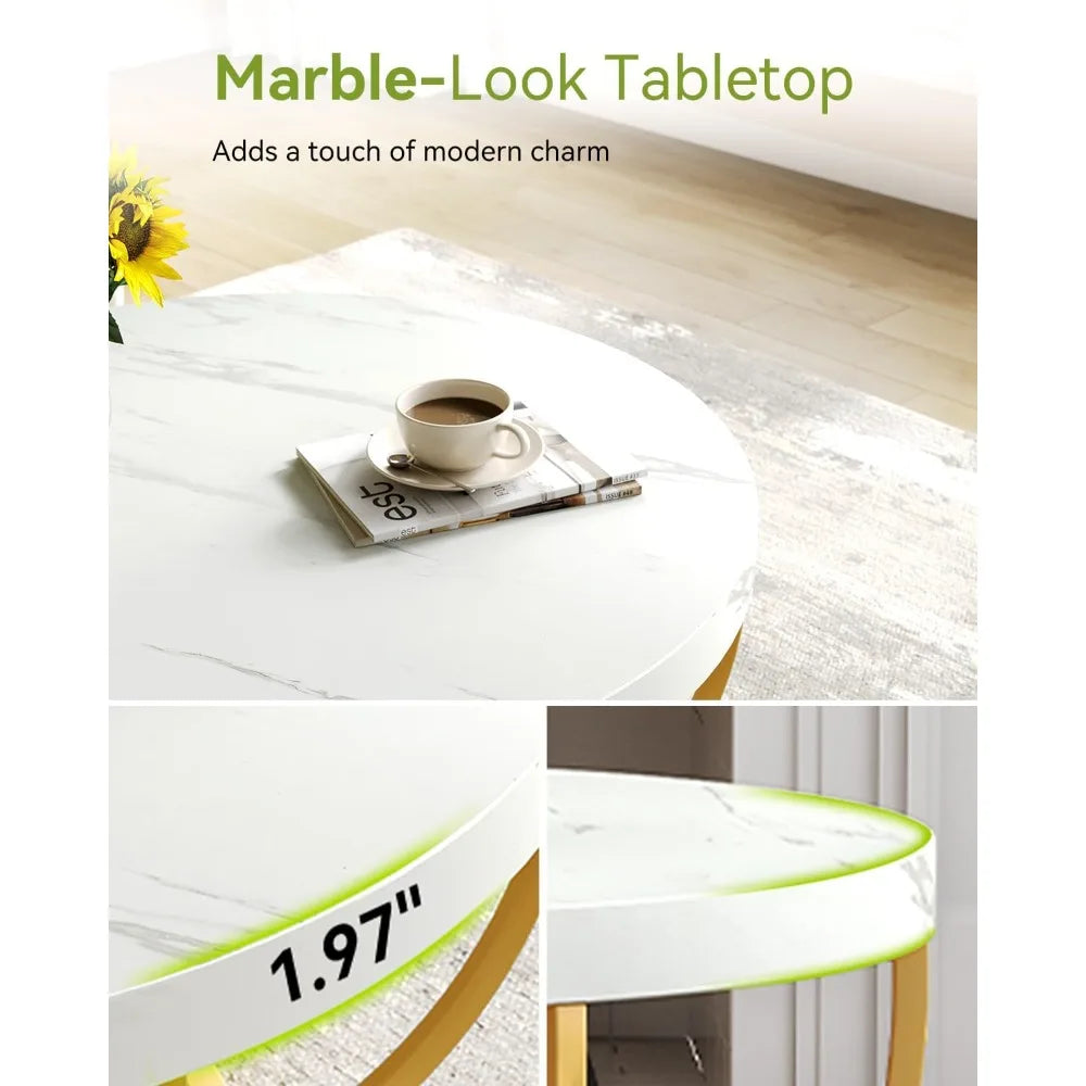 32 Inch Circle Faux Marble Coffee Table With Gold Legs