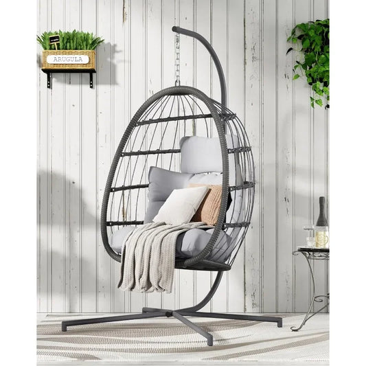 Hanging Egg Chair With Stand Grey Cushioned Patio Wicker