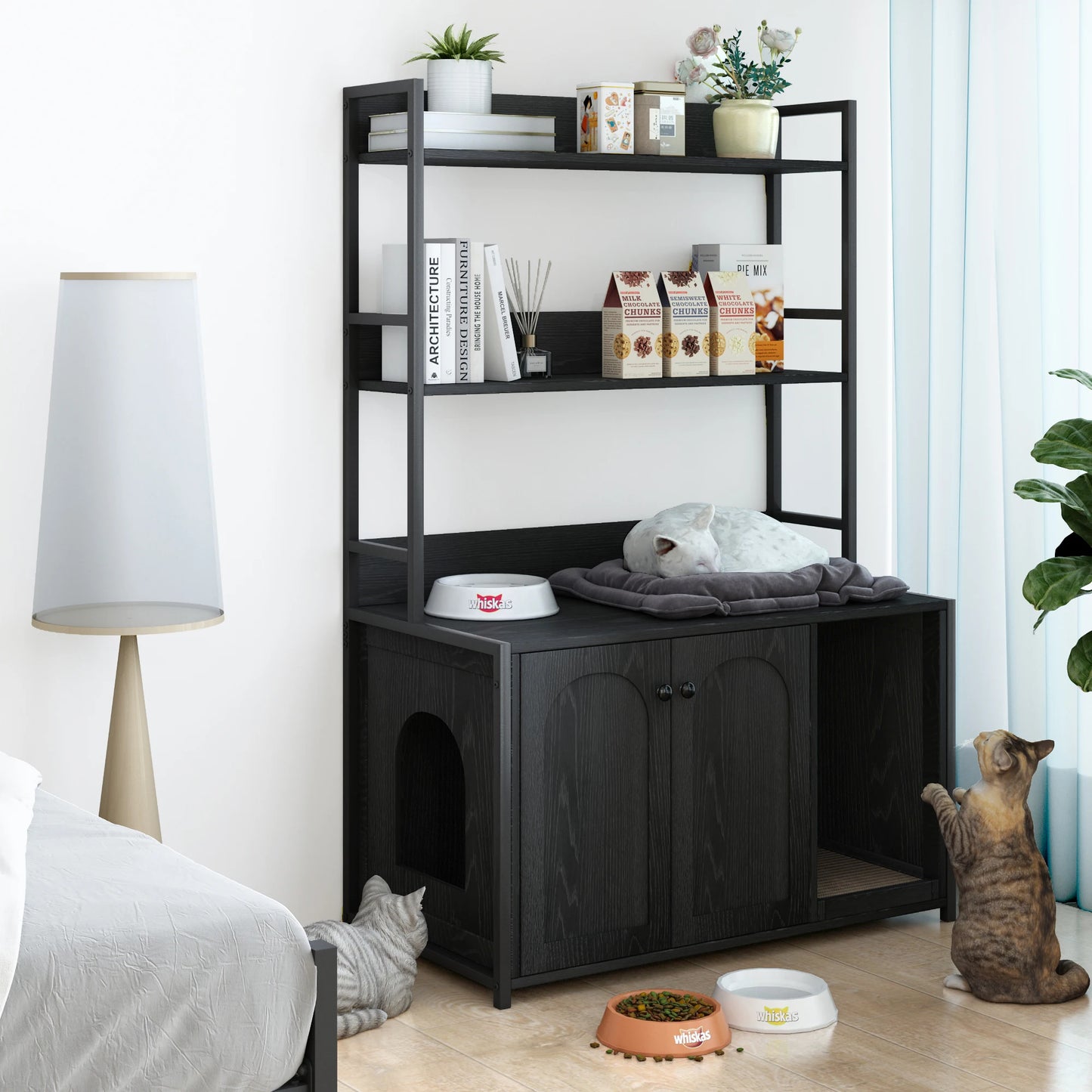 Wooden Hidden Cat Litter Box Enclosure With Shelves Doors