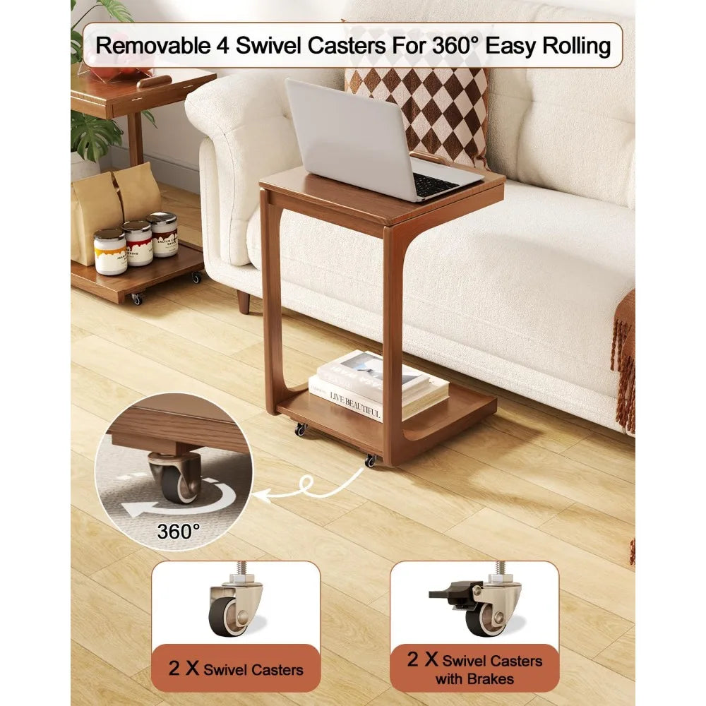 C Shaped Couch Side Table With 2 Lockable Wheels Design