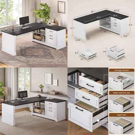 L Shaped 61 Inch Home Office Executive Desk With File Drawers And Power Outlets