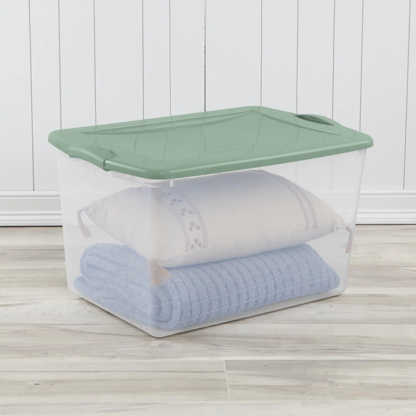 (4 pack) Sterilite Large Storage Bin, 66 Quart Clear Plastic Storage Container with Latch Lid, Blue