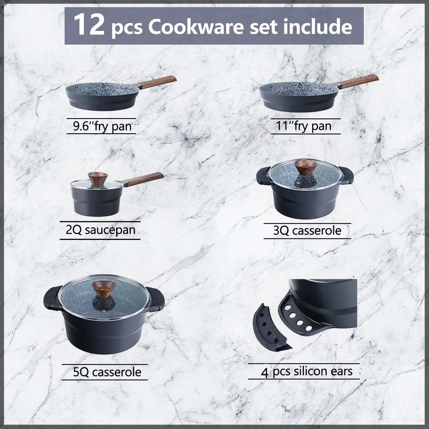 Cast Aluminum Pots and Pans Set Non Stick - 12Pcs Induction Cookware Set