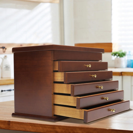 Vintage Wooden Jewelry Box With 6 Compartments For Rings