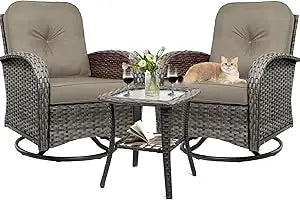 3-Piece Swivel Rocker Wicker Chair Set of 2 for Outdoor Use