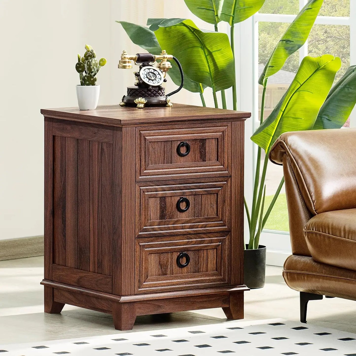 Farmhouse Night Stand with Charging Station, 2 Drawers Nightstand