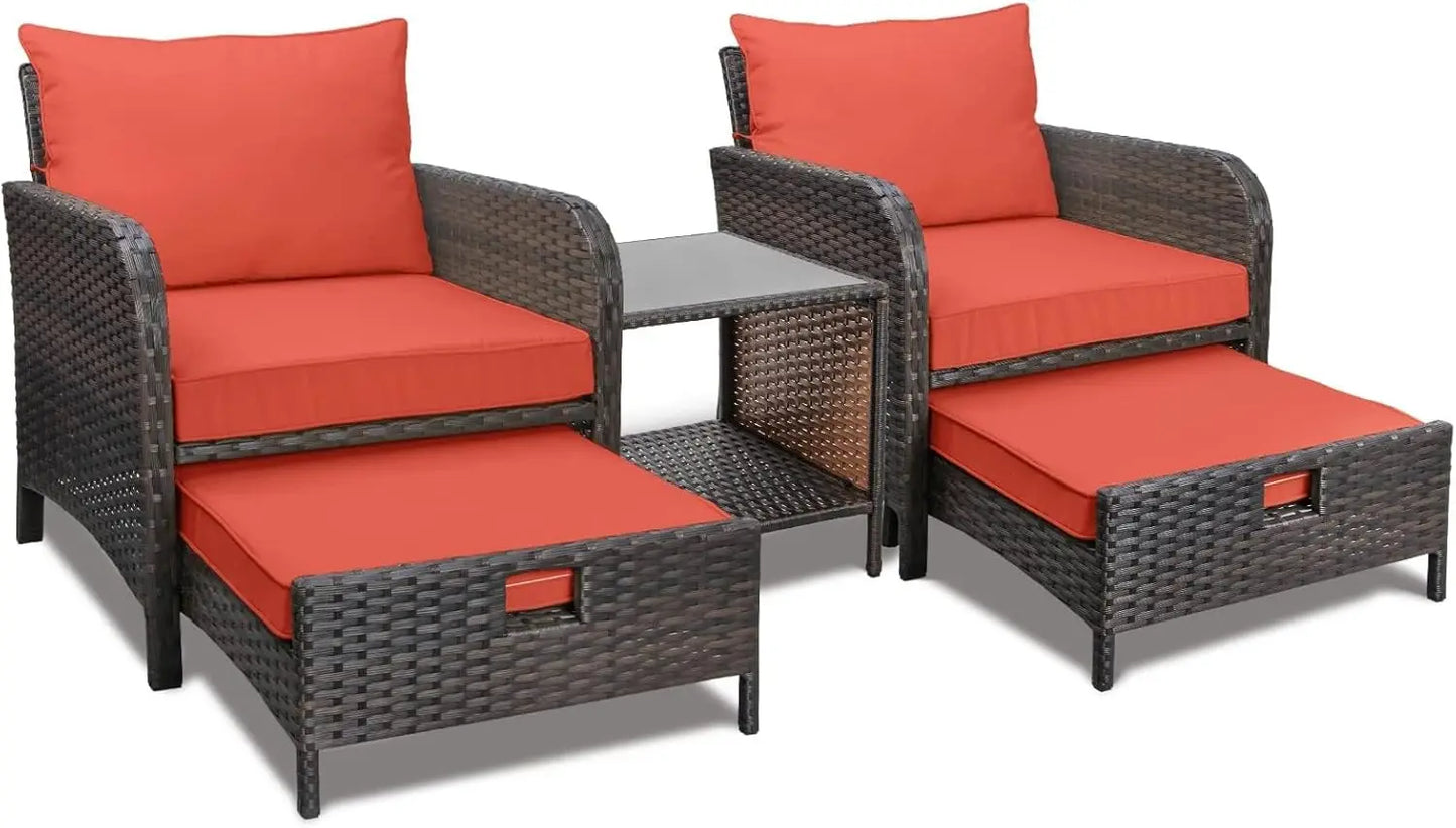 Balcony Furniture 5 Piece Patio Conversation Set PE Wicker Rattan Outdoor Lounge Chairs with Soft Cushions and 2 Ottomans
