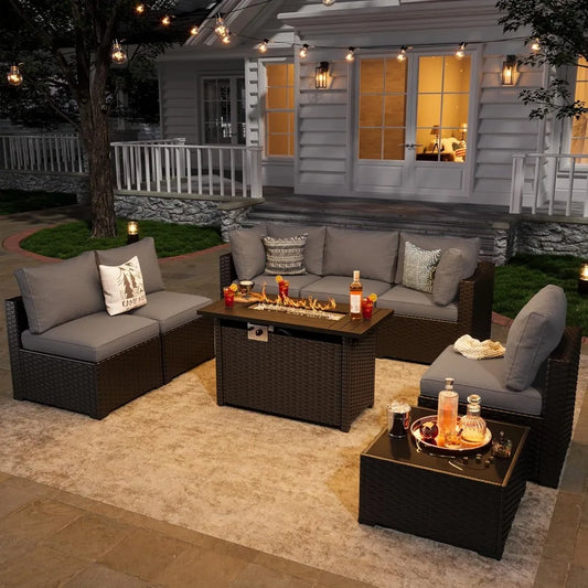 8 Piece Patio Furniture Set With 44 Inch Fire Pit Table Wicker Rattan