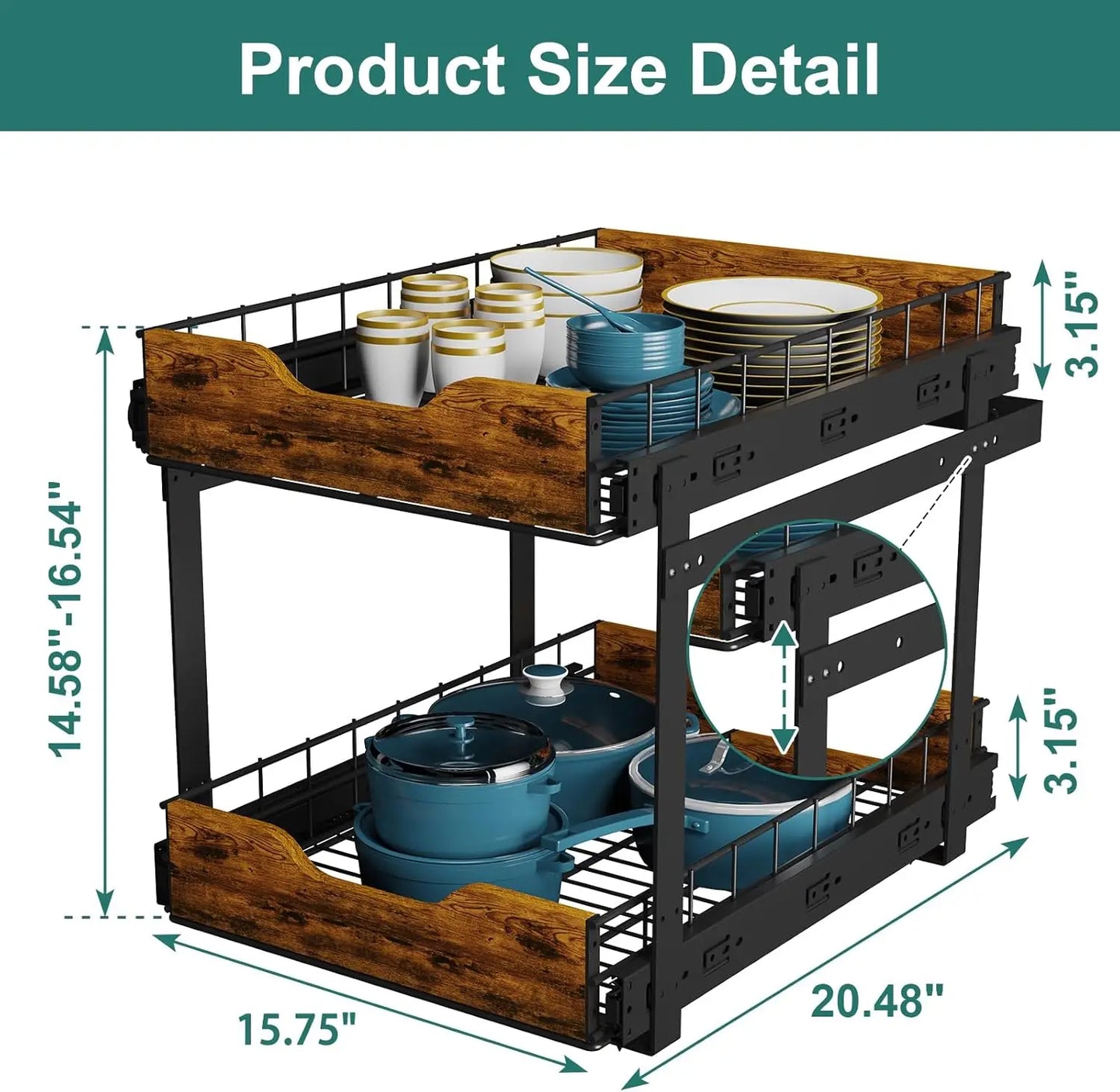 2 Tier Pull Out Cabinet Organizer 16W X 21D Adjustable Drawers