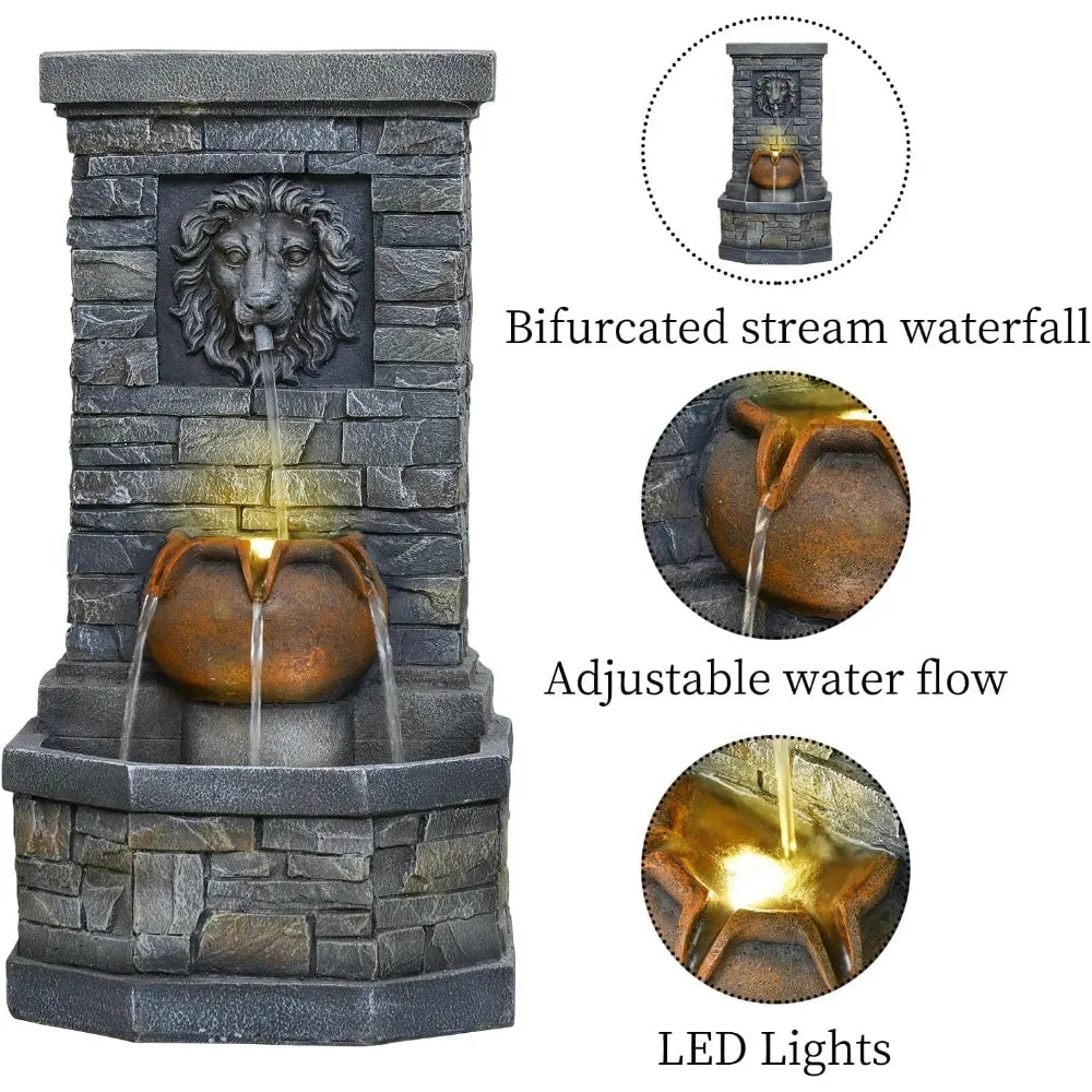 Outdoor Lion Head Stone Water Fountain With Lights Patio