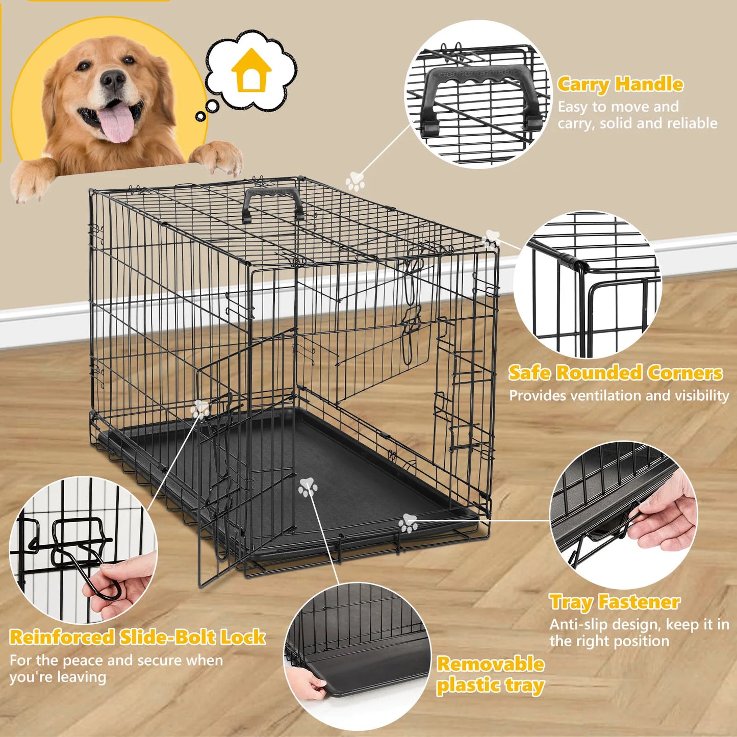 JHK Double Door Folding Metal Wire Dog Cage Large Kennel