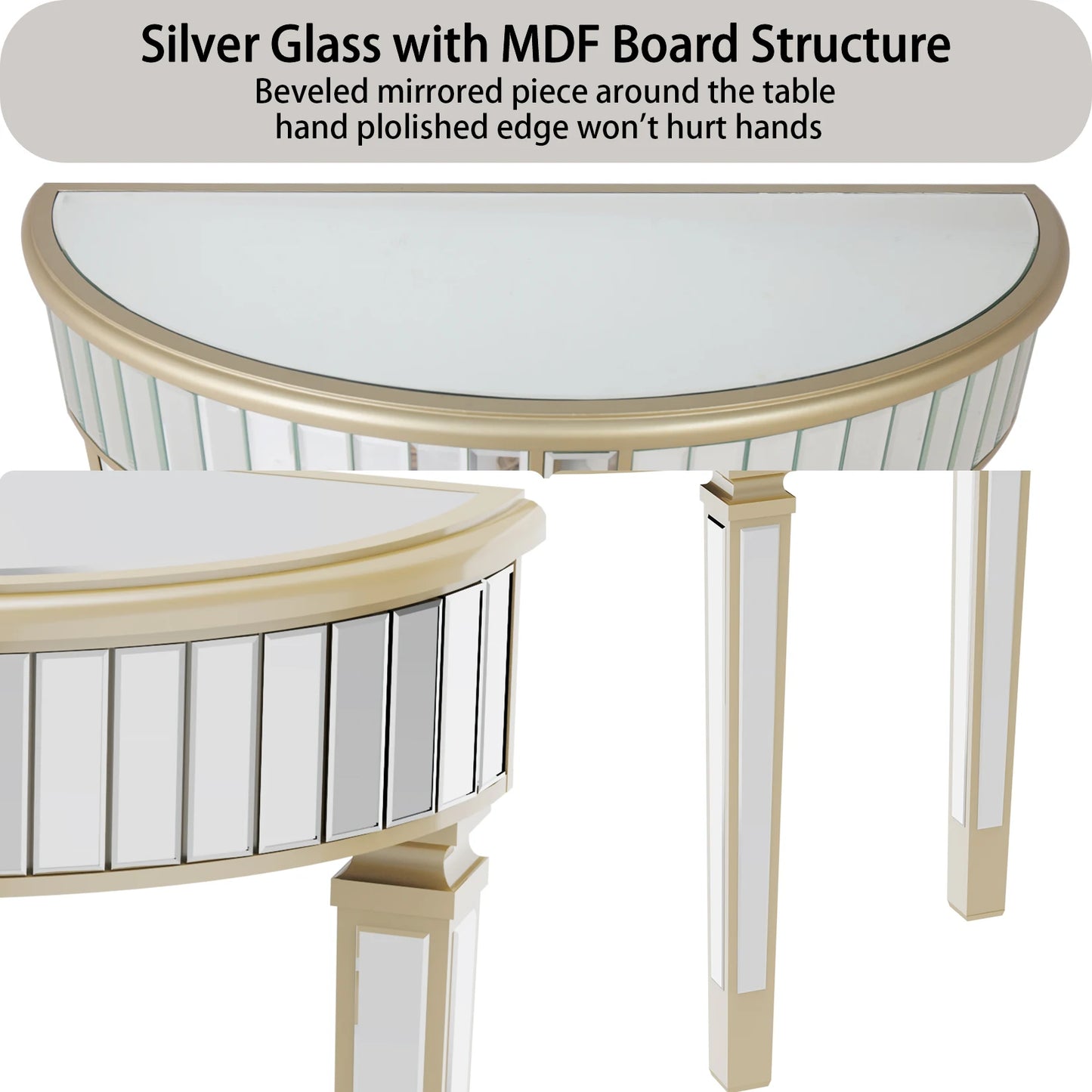 Ornate Mirrored Half Moon Console Table Living Room Silver Hallway Makeup Vanity Table Demi Lune Furniture